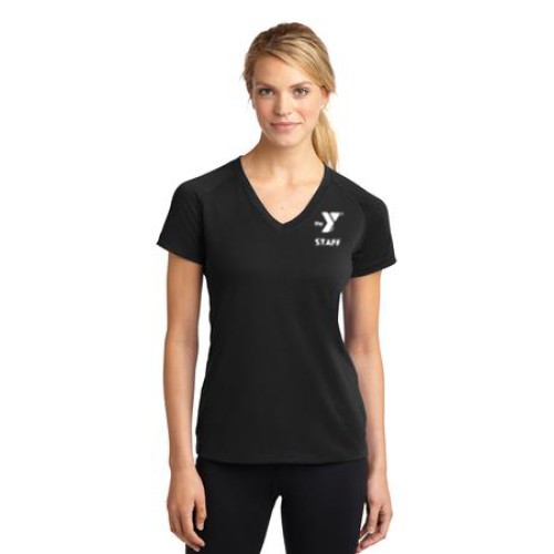  Ladies Ultimate (Feels Like Cotton) Performance V-Neck- Left Chest Y STAFF - Y Fitness Staff Back