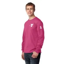 Adult 100% Cotton Long SleeveTee - Sleeve Ribbon Print w/ Y Logo Selection  